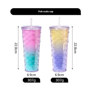 直接飲むストローウォーターボトル710ml二重壁プラスチック高級カップハイカラー値ネット赤魚スケールデザインキャンプ用