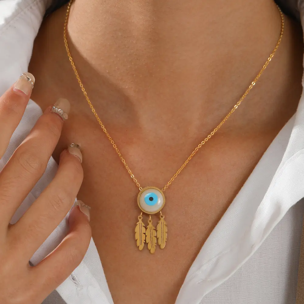 Vintage round pendant drip oil devil's eye necklace Ethnic style feather leaf fringe pendant stainless steel necklace