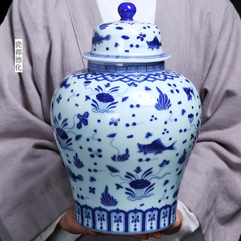 Stoples Jahe Antik Cina Biru dan Putih Porselen Besar Kotak Kemasan Guci Tempat Penyimpanan Tertutup Dekorasi Vas Lantai