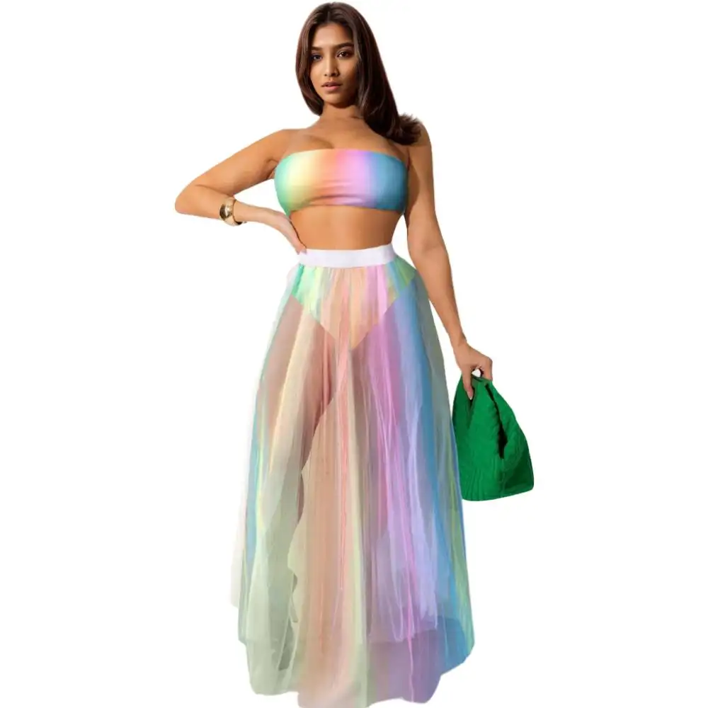 D0312TA14 Explosive Models Colorful Sexy Line Collar Party Long Dress Three-piece Set Sehe Fashion