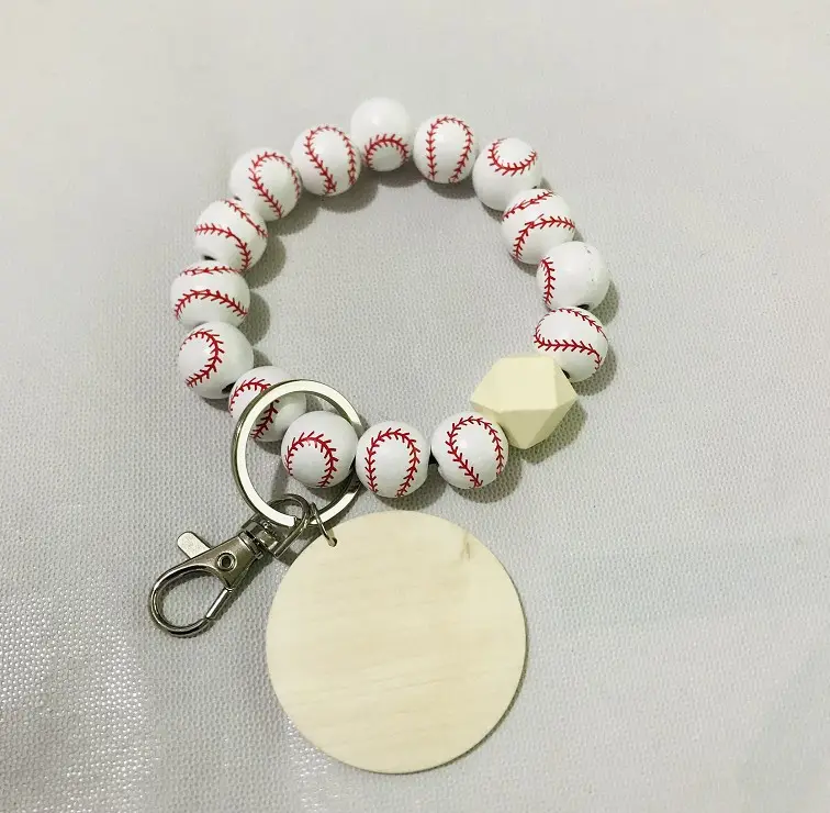 New Monogram Style Silicone Bead Wood Blank Plate Sport Print Style Style Keychain Bracelet For Women