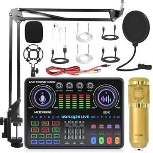 USB <strong>Audio</strong> Interface DJ Mixer Sound Card for PC Live Streaming &amp; Karaoke Recording Noise Cancelling Mic for Studio - Product Image 1