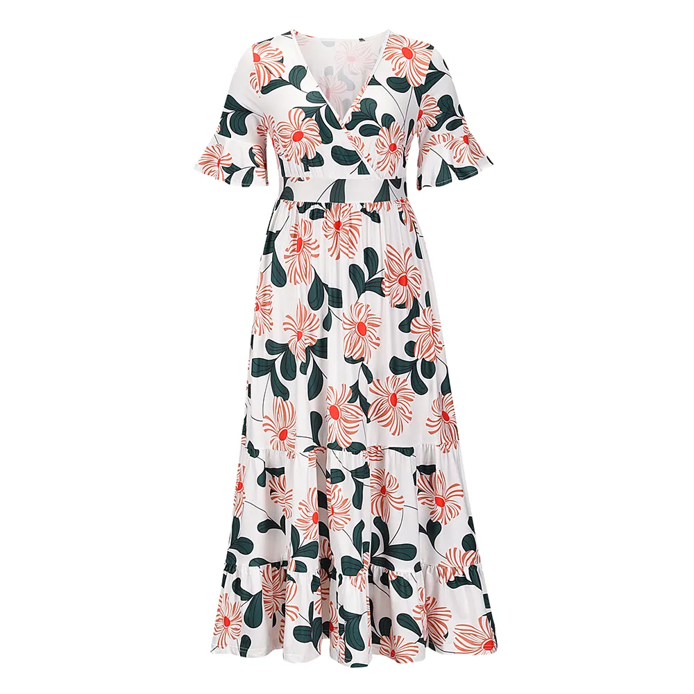 Las mujeres cintura alta floral impresión maxi vestido Vintage azul blanco llamarada manga corta playa vocación verano vestido de volantes de gasa vestidos