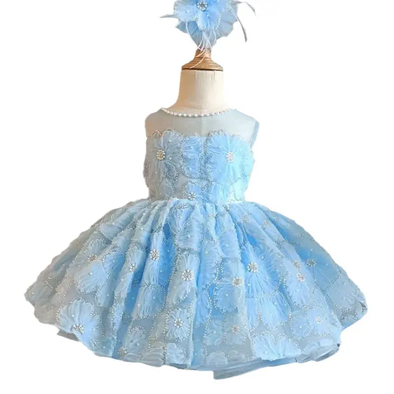 S0336H Meninas verão azul super fada tutu saia piano desempenho traje crianças anfitrião flor menina princesa vestido
