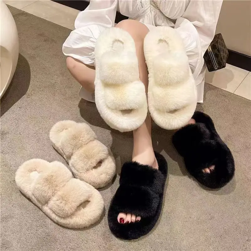 Novo Design Plaid Fur Tecido Primavera Outono Inverno Plush Borracha Sole Tecido De Algodão Fofo chinelo mulheres chinelos