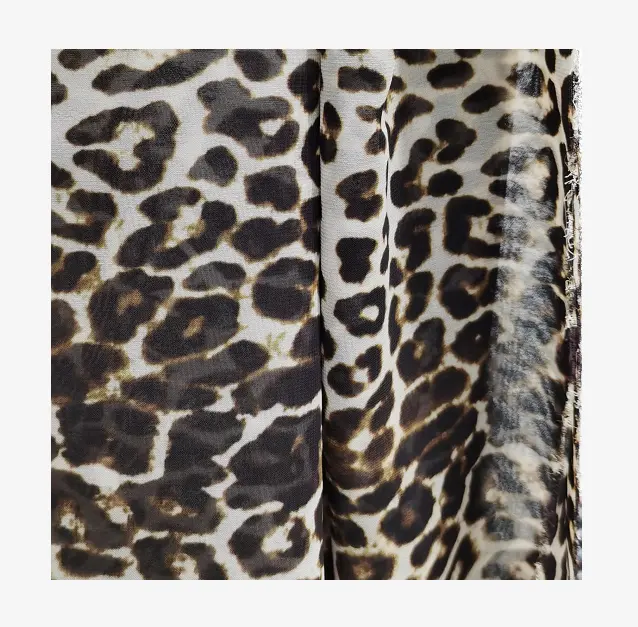 Tecido com estampa de leopardo chiffon 50D 100% poliéster elegante padrão para vestidos e saias de meninas