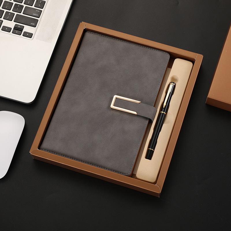 7225-cuaderno gris con cierre-caja regalo marrón-bolso tote marrón