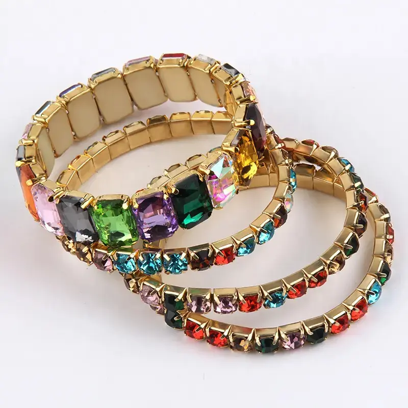 Thời trang châu Âu và mỹ khối hình học nhiều lớp rhinestone vòng đeo tay nhiều màu kính đàn hồi Vòng đeo tay cô gái