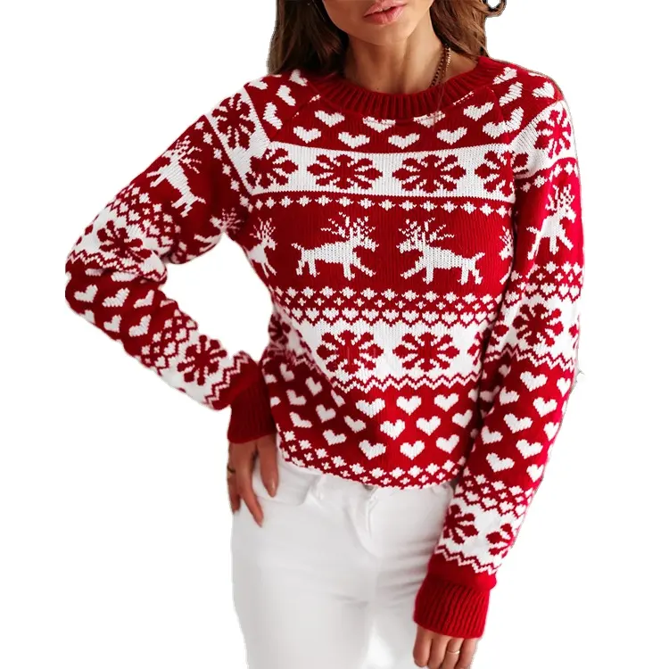 Suéter de punto de estilo navideño para mujer, jersey rojo de estilo navideño, precio al por mayor, OEM
