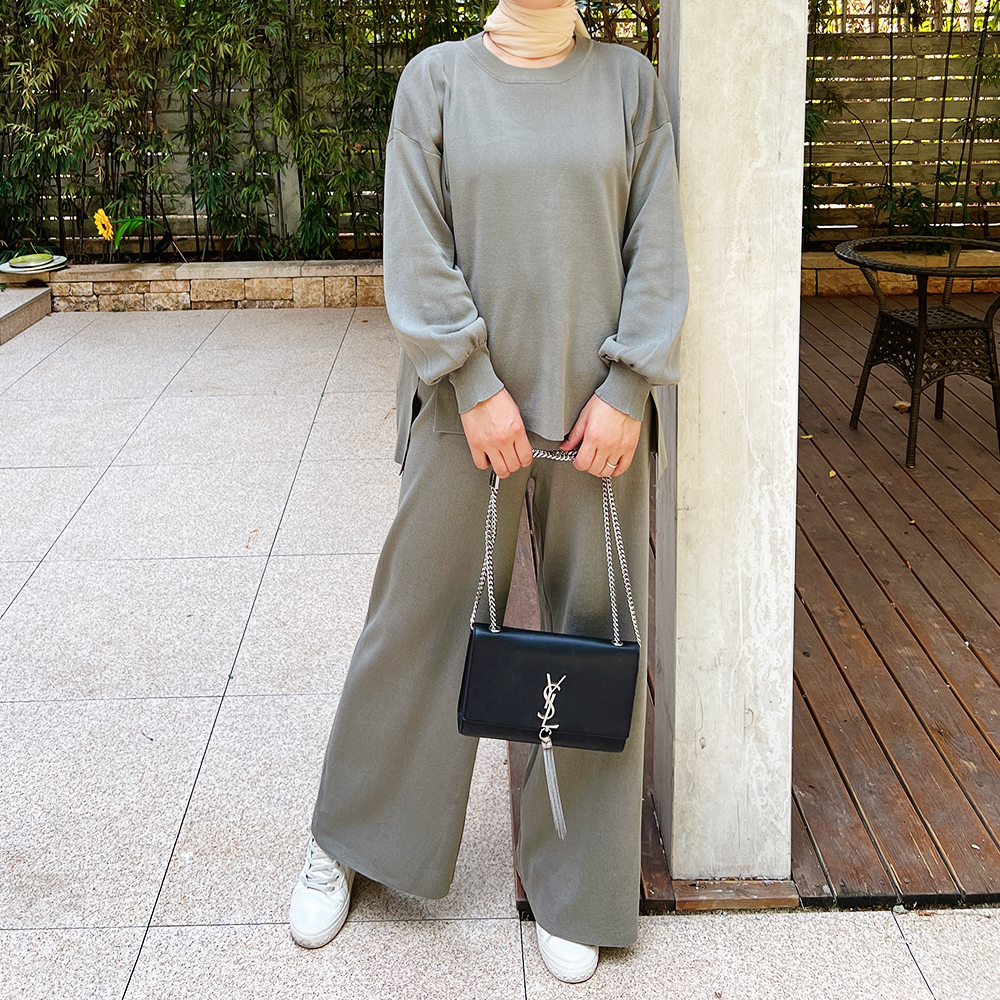 2022 NEW 2 pieces Women Muslim Knitted Set Fall Winter Sweater and Pants Turkey Islamic Clothing Abaya