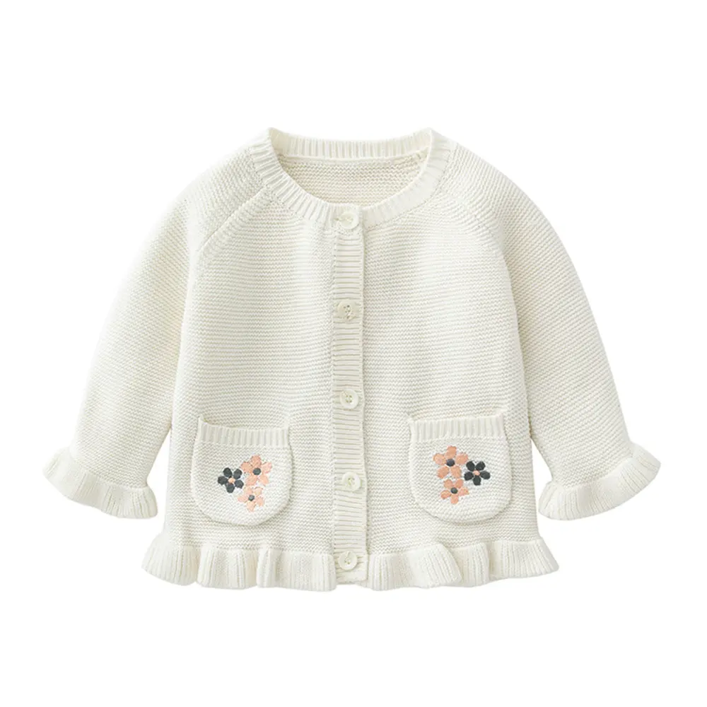 Vente en gros de cardigan tricoté en coton doux rose pur pour bébé fille avec deux poches boutonnées