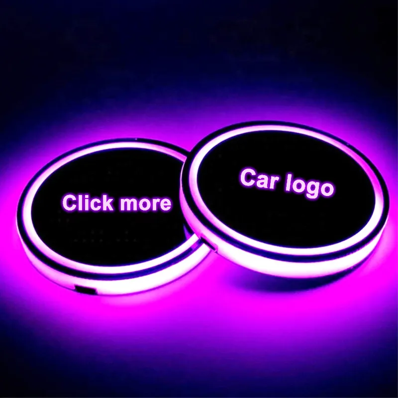 Alas botol LED warna-warni, kustom pengisian USB bantalan tatakan cangkir mobil lampu led cangkir logo mobil lampu