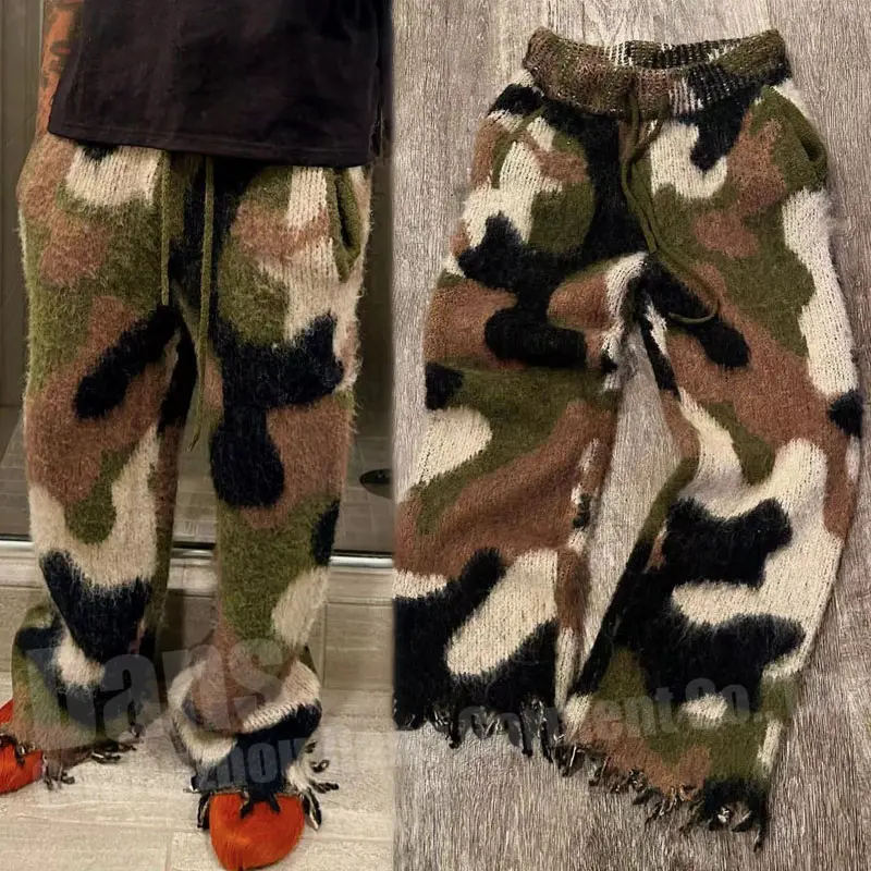 Custom Unisex Mohair Wool Camo Sweat Pants Imprimir Oversized Drawstring Streetwear Fluffy Fuzzy Knit Mohair Track Calças Para Homens