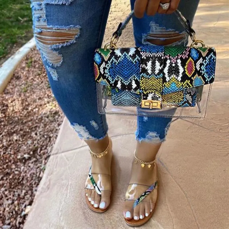 2022 Summer Fashion Peep-Toe Slippers With Handbags Slides For Women With Purses Studded Sandals And Snake-print Bags Matching