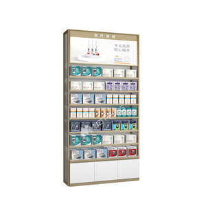 XJMS-AW2-LBJ-07 Professional Medicine Display Rack for Retail <strong>Pharmacies</strong> Golden Universal Glass Cabinet with Adjustable Shelves - Product Image 4