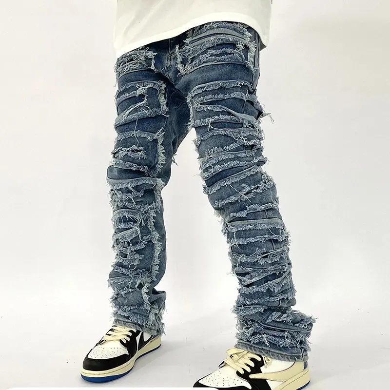 Retro delik yırtık sıkıntılı kot erkekler için düz yıkanmış Harajuku Hip Hop gevşek Denim pantolon Vibe tarzı rahat Jean pantolon