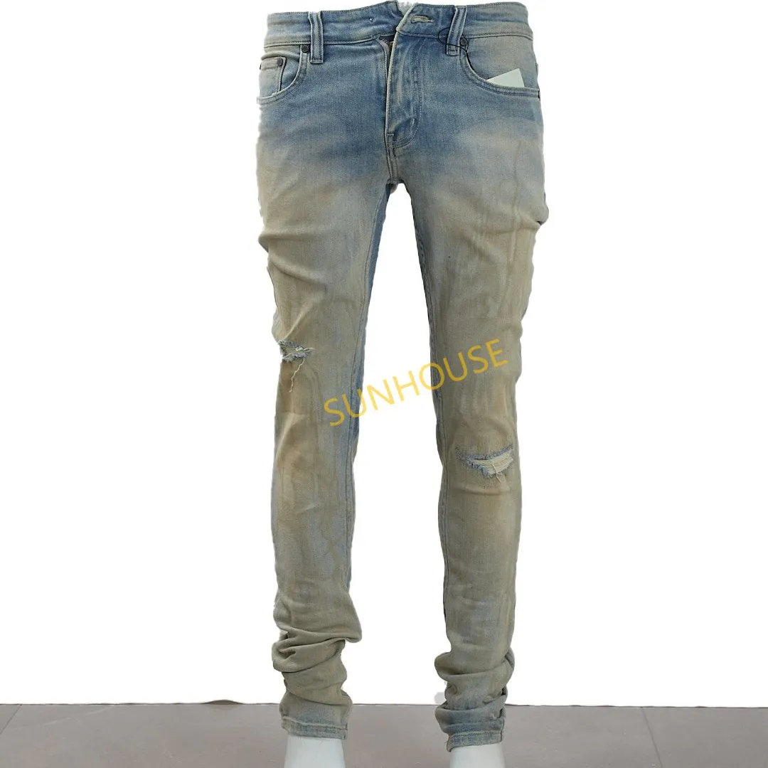 SUNHOUSE 2023 Skinny Blue Jeans in tessuto Denim con stampa a vita alta strappati e strappati Patchwork da uomo ammorbidente