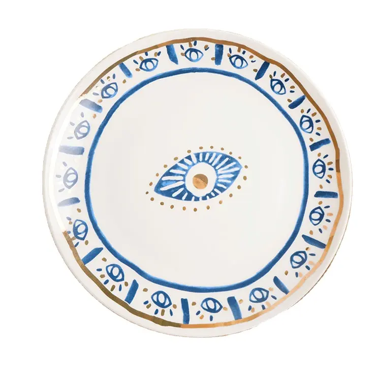 Syl pratos decorativos de cerâmica, placas decorativas de estilo indiano com olhos criativos, prato de cerâmica com aro dourado para café da manhã