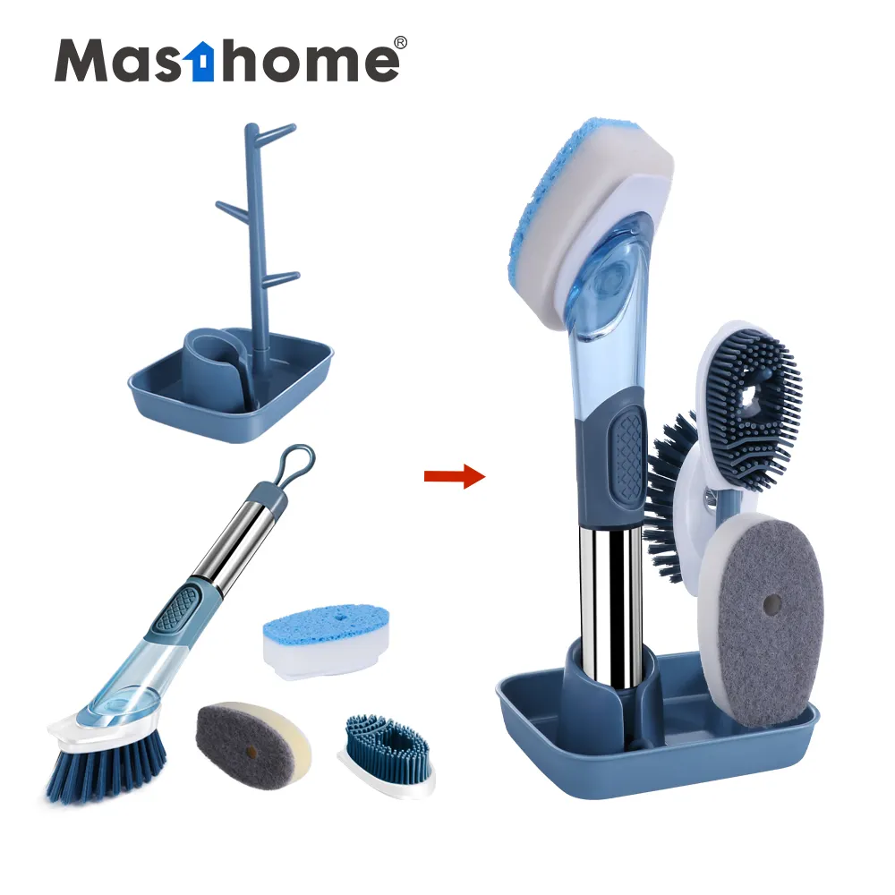 Masthome nuevo diseño duradero mango largo jabón de intercambiables la cocina de plato cepillo de limpieza con soporte