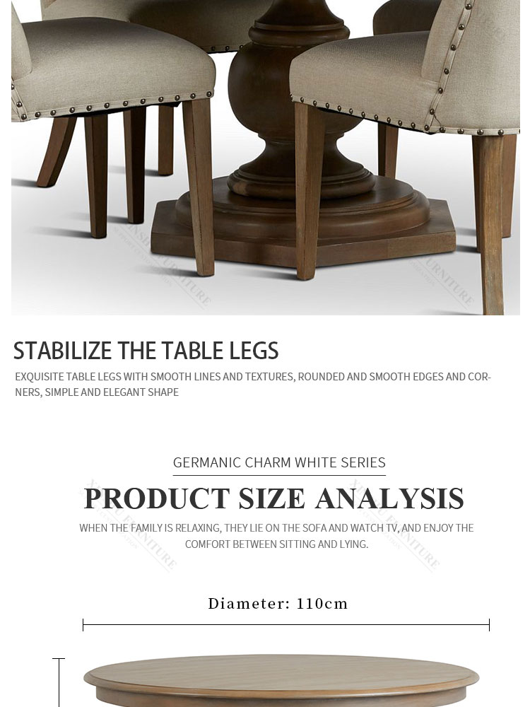 New French style oak Nordic antique style 6-seat solid wood round table with rotating center