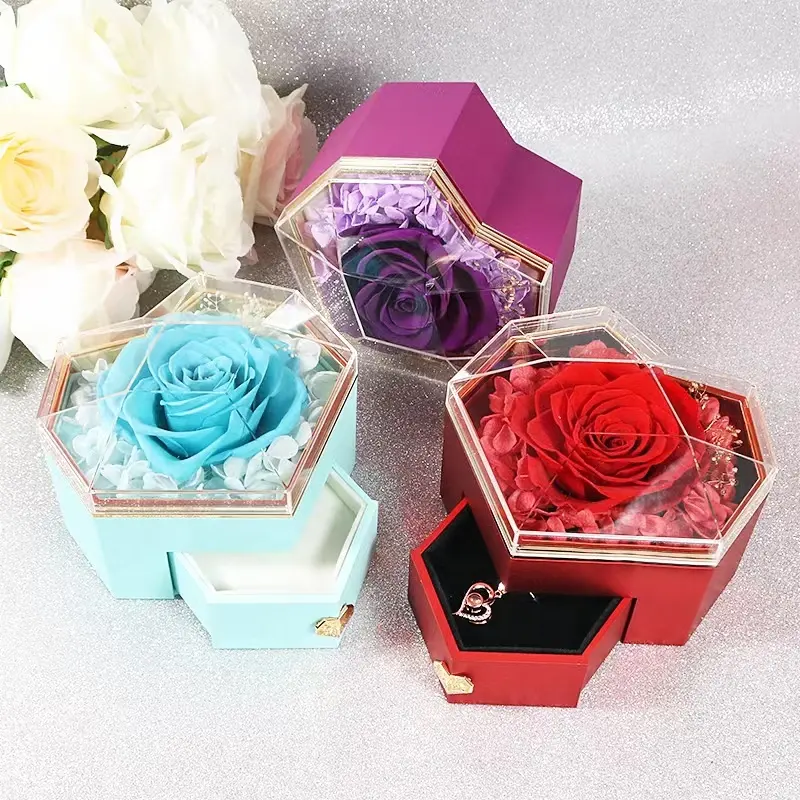 2024 regalos del Día DE LA MADRE caja de joyería de Rosa eterna collar de anillo en forma de corazón cadena de eslabones de rosas preservadas para mujeres para boda