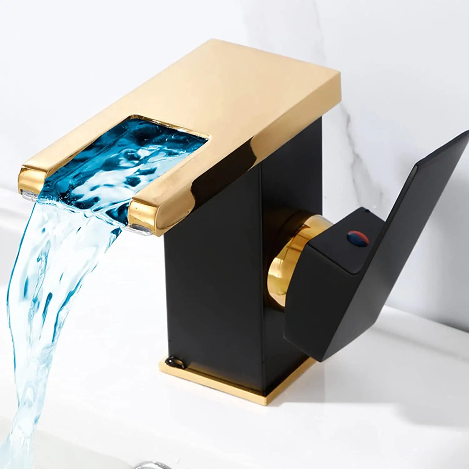 Rubinetto per lavabo da bagno a LED a cascata in ottone corto/alto miscelatore caldo freddo rubinetto per lavello per gru cambio colore nero alimentato dal flusso d'acqua