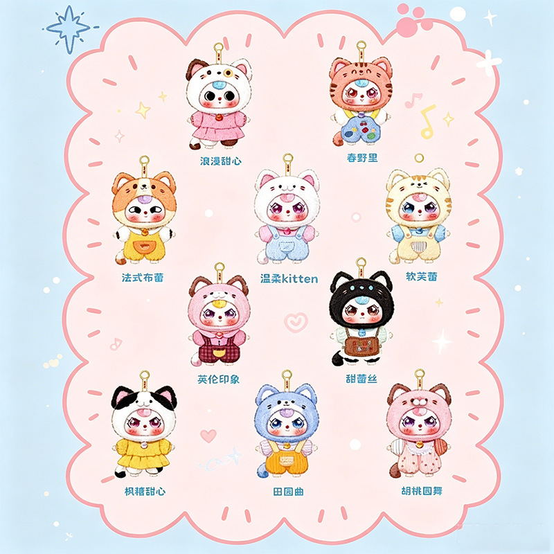 Ensemble de 6 pièces : coffret cadeau peluche, sac fourre-tout et garde-robe pour chaton de trois ans.