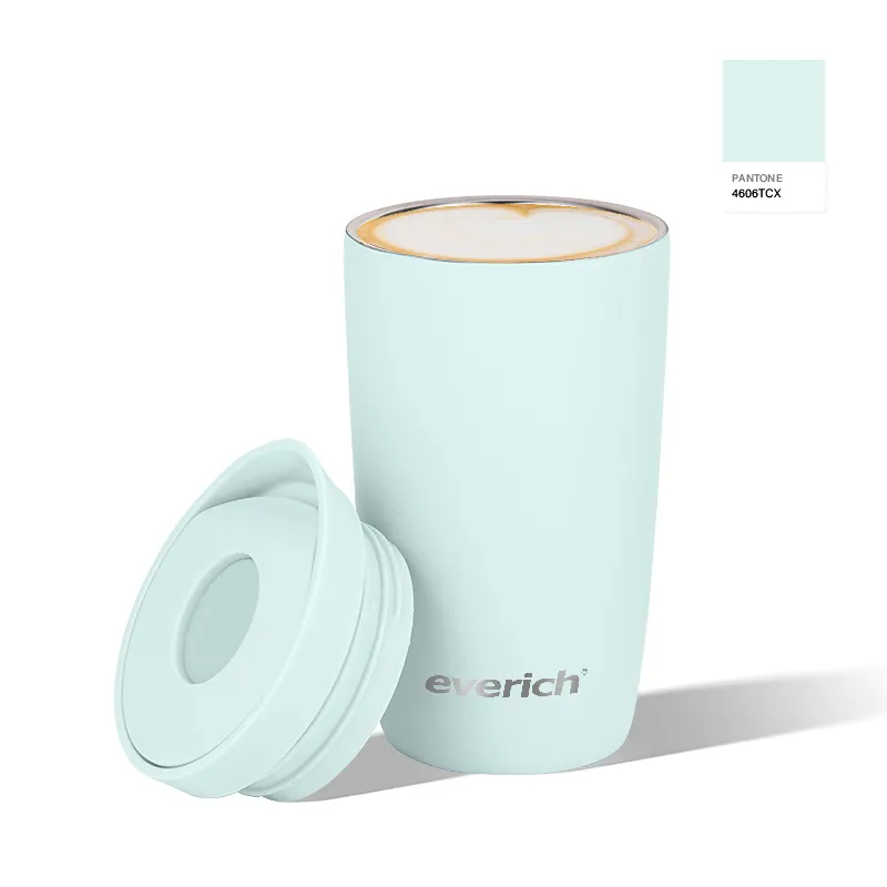 Everich ODM thiết kế mới 12oz rộng miệng cốc cà phê với nút nhấn BPA miễn phí đôi tường chân không cách nhiệt