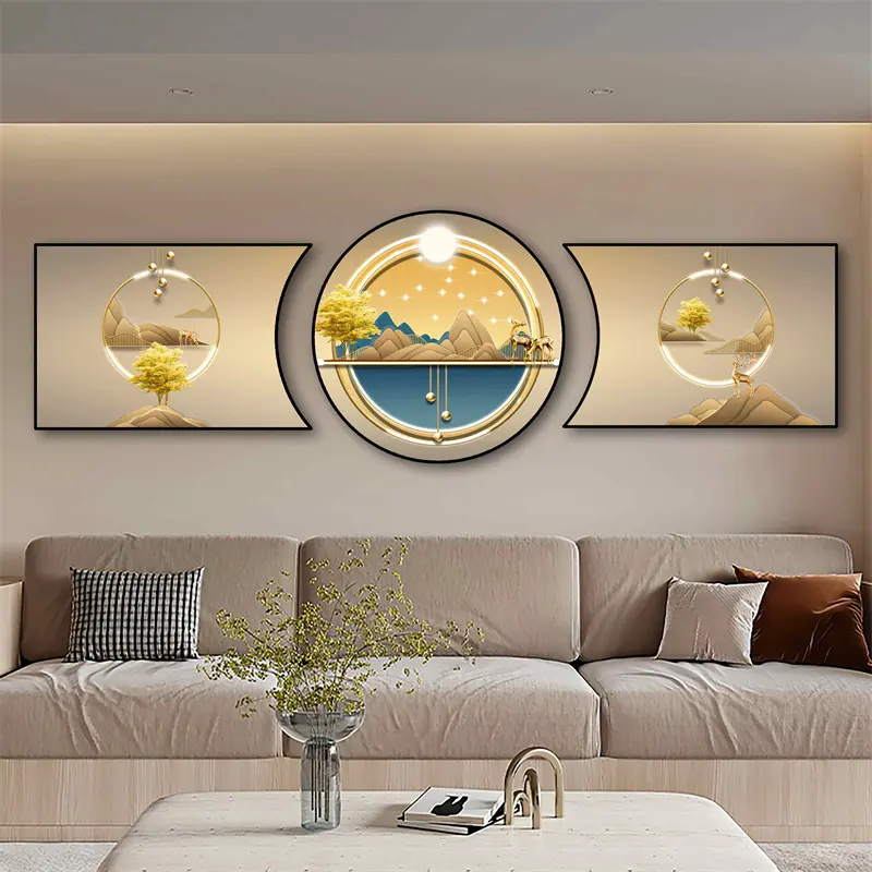 Cuadro artístico de lujo para pared de sala de estar, Tríptico de porcelana de cristal, pintura colgante abstracta