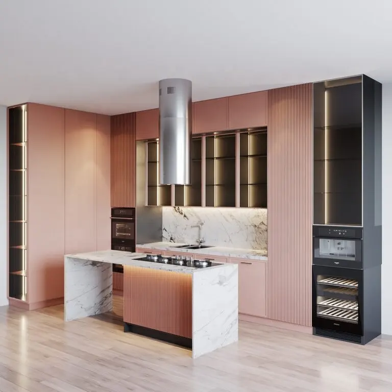 Conjunto de armario de cocina moderno, laca modular de MDF de lujo, brillante