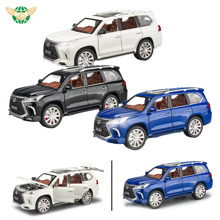 Diecast Car 1/24 Toy Model Car 1/24 Escala Pull Back Lexus LX570 con luz de sonido 6 puertas Caja de exhibición que se puede abrir para niños