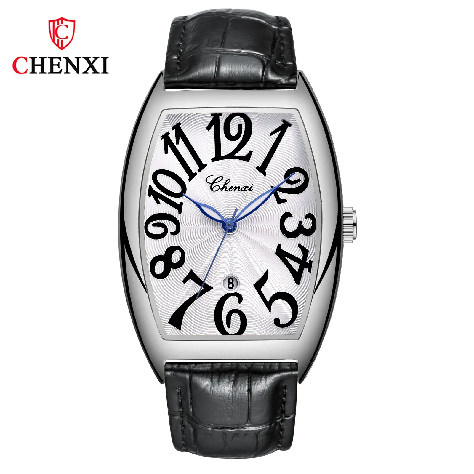 7 silver case white dial black text