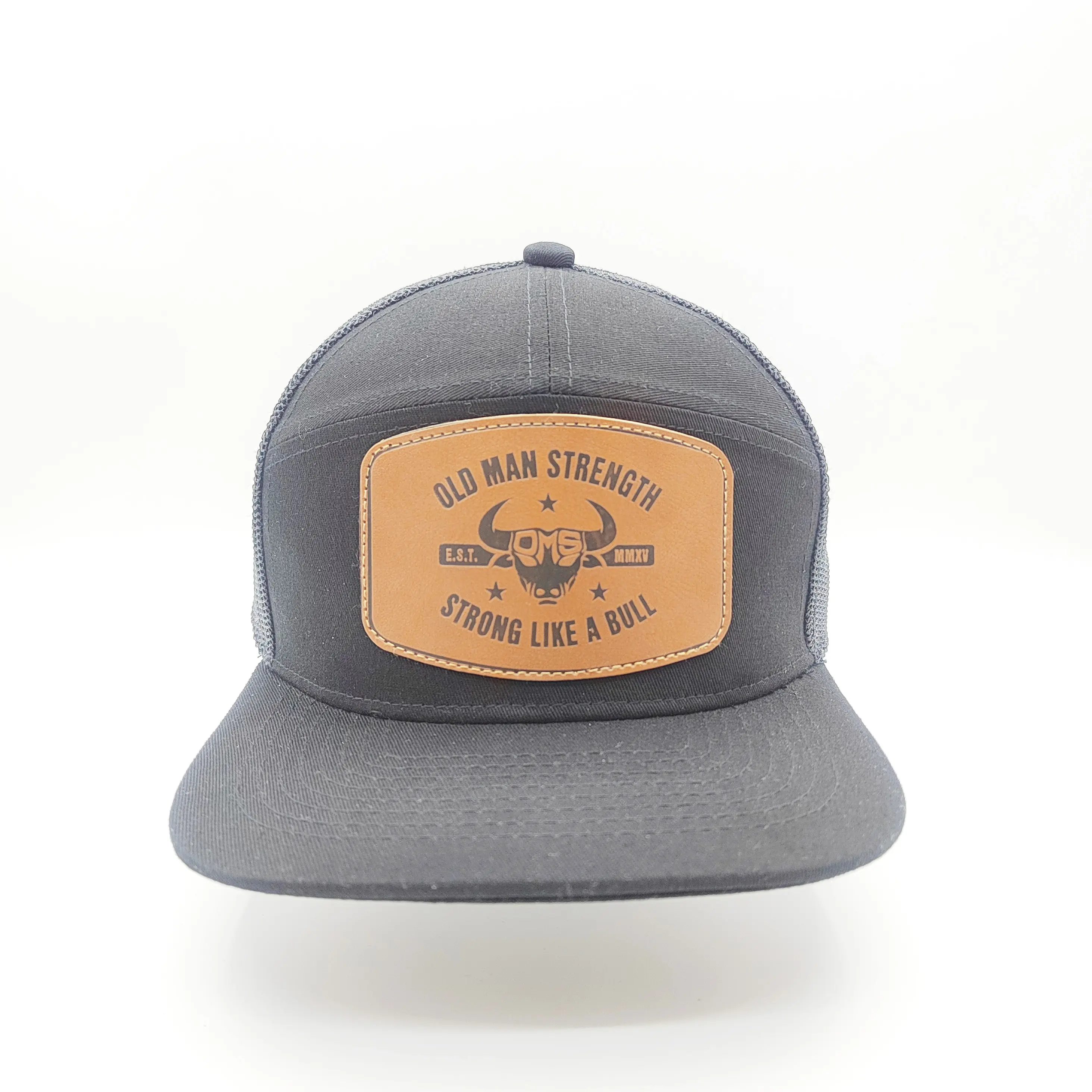 Custom Logo 5 panel Caps Curved Brim Trucker Hat with Leather Patch