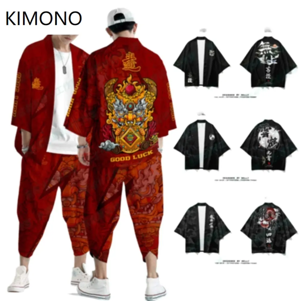 Conjunto de ropa de talla grande para hombres y mujeres, conjunto de 20 estilos, S-3XL, suelto, chino, japonés, samurái, Harajuku, Kimono, cárdigan, Cosplay, Yukata, Tops, Pantalones