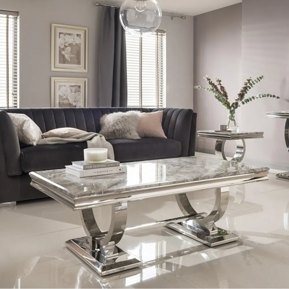 Restaurante moderno retângulo de metal pernas de mesa de café móveis para casa mesa de café tampo de mármore de aço inoxidável