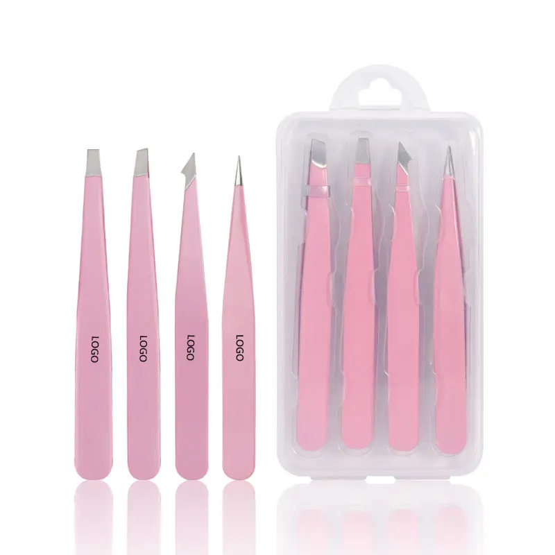 Pinset presisi Pencabut rambut Ingrown kustom Set penjepit alis ujung miring baja tahan karat dengan casing Label pribadi