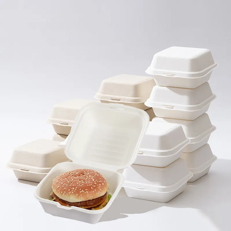 Bagaço Burger Box Papel Biodegradável Cana-de-açúcar Takeaway Food Bento Embalagem Caixa Embalagem Bolo Sandwich Box