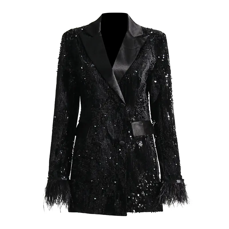 A7418 new arrival fashionable Modern black sequin women Casual clothing long-sleeve feathers coat blazer