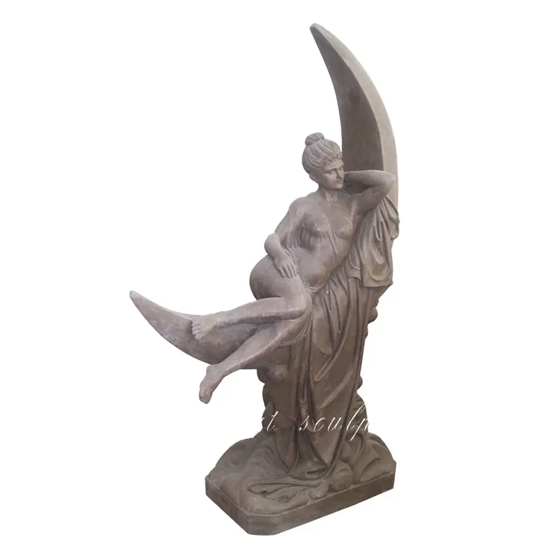 Escultura de mármol, estatua de mujer de jardín de piedra amarilla, escultura tumbada en la luna