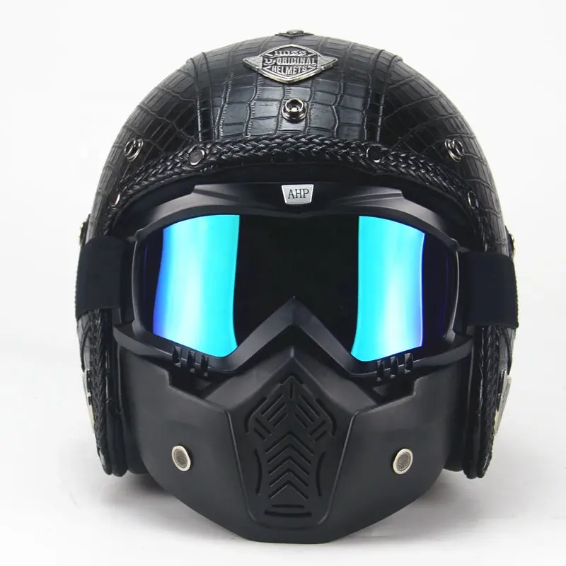 Helm Sepeda Motor Kulit Buaya Imitasi Helm Wajah Penuh Retro Helm Skuter Kulit Imitasi dengan Kacamata Yang Dapat Dilepas