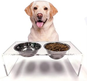 丙烯酸高架狗猫碗，用于食物和水，带2个可拆卸不锈钢碗，凸起的宠物喂食器架