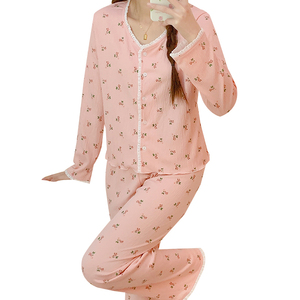 Fabrika toptan pijama pembe katı nightgowns çiçek kadınlar pijamas mujer gecelik nighties örme uzun set kadın pijama