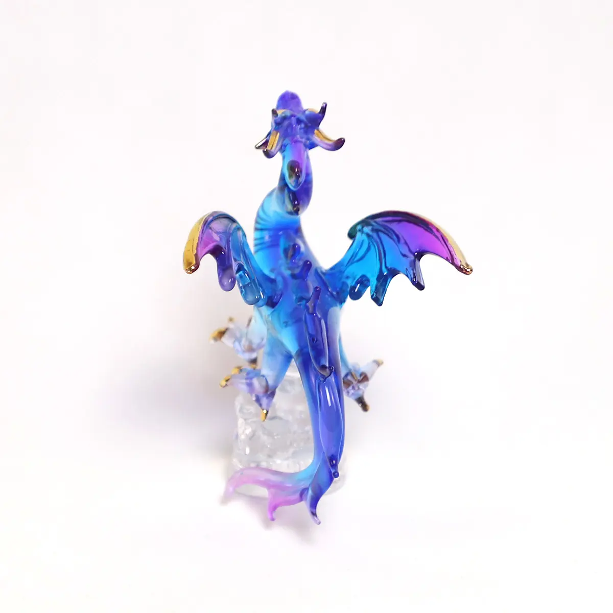 Figuritas clásicas de dragón de vidrio hilado azul soplado con soporte hechas a mano, arte de animales hinese Ragon