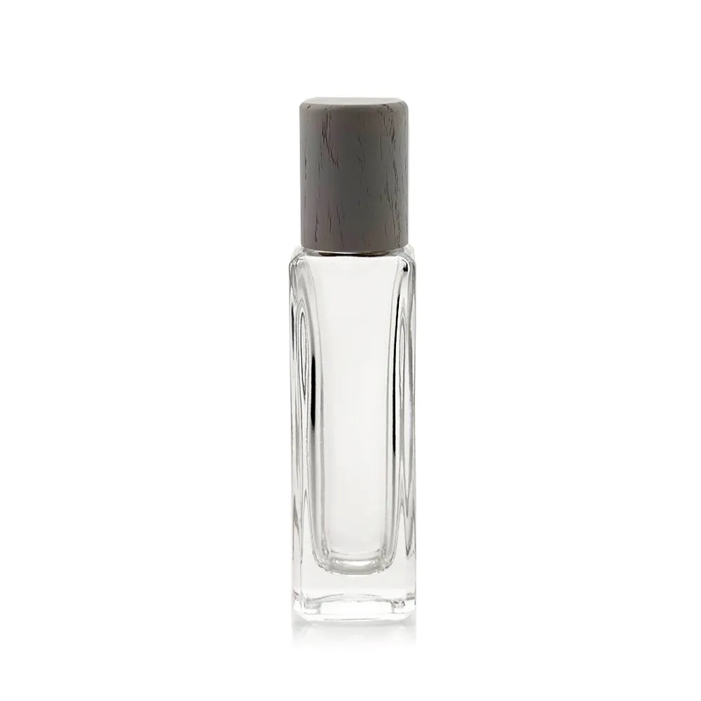 30 ml kare yüksek ince şişeler parfüm cam sprey parfüm şişesi ile alüminyum ahşap zamak PMMA plastik üst
