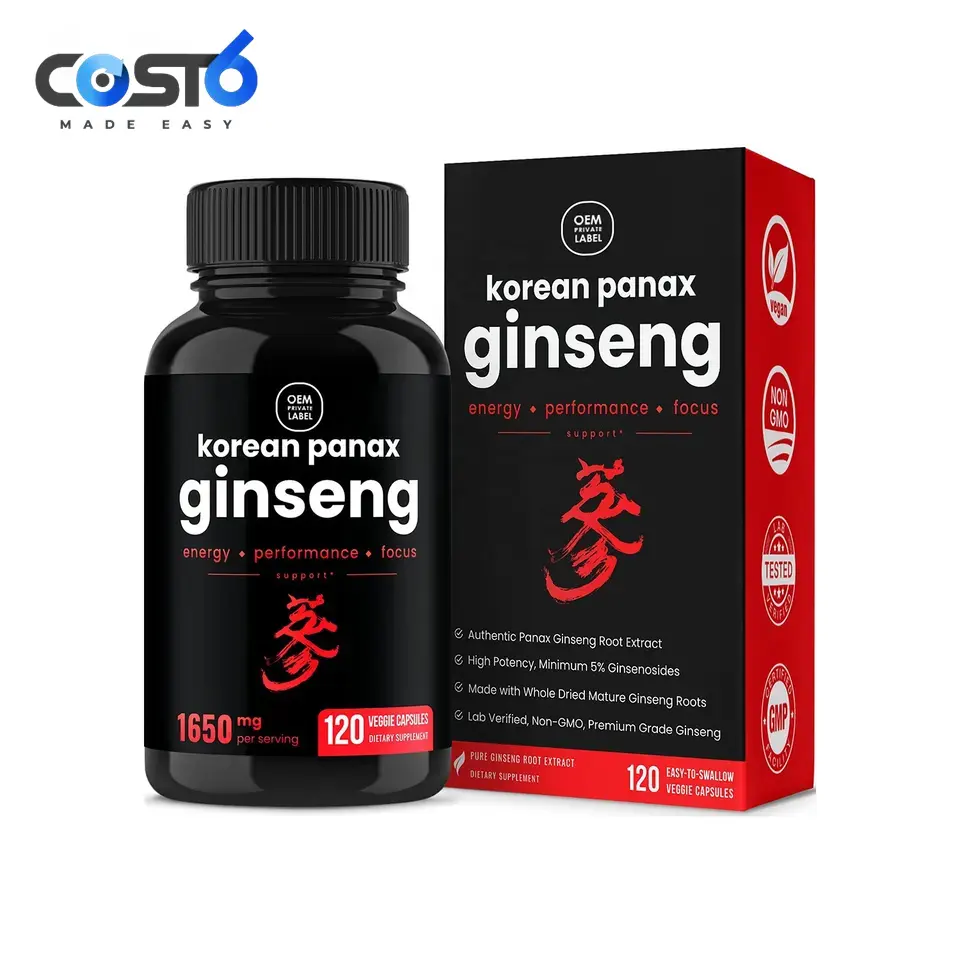 Capsula di Ginseng Panax rosso coreano Extractum ad alta potenza per potenziamento naturale e pulito Rev Up Energy OEM personalizzato