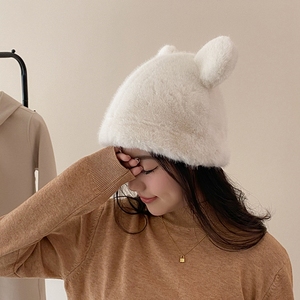 FF1629かわいい冬の毛皮のようなクマの耳ビーニーポンポンふわふわファジーバケットハット女性の女の子フェイクファーウィンターハット - Product Image 5