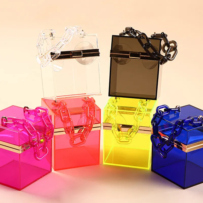 Fashion Clear Candy Color Box Square Acrylic Hard Cosmetic Bags & Cases Waterproof Women Jelly Bag With Chain Handle