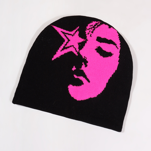 Custom Winter Jacquard Beanie Hats Animated Pattern Style Star Human Face Knitted Cuffed <strong>Toque</strong> with Plaid Character <strong>Image</strong> Style