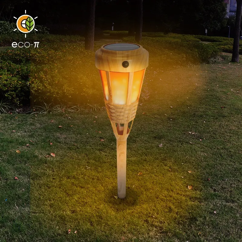 Patentierte Bambus Holzmaserung Outdoor Garten Pfahl Licht LED Fackel Flamme Solar Tiki Taschenlampe