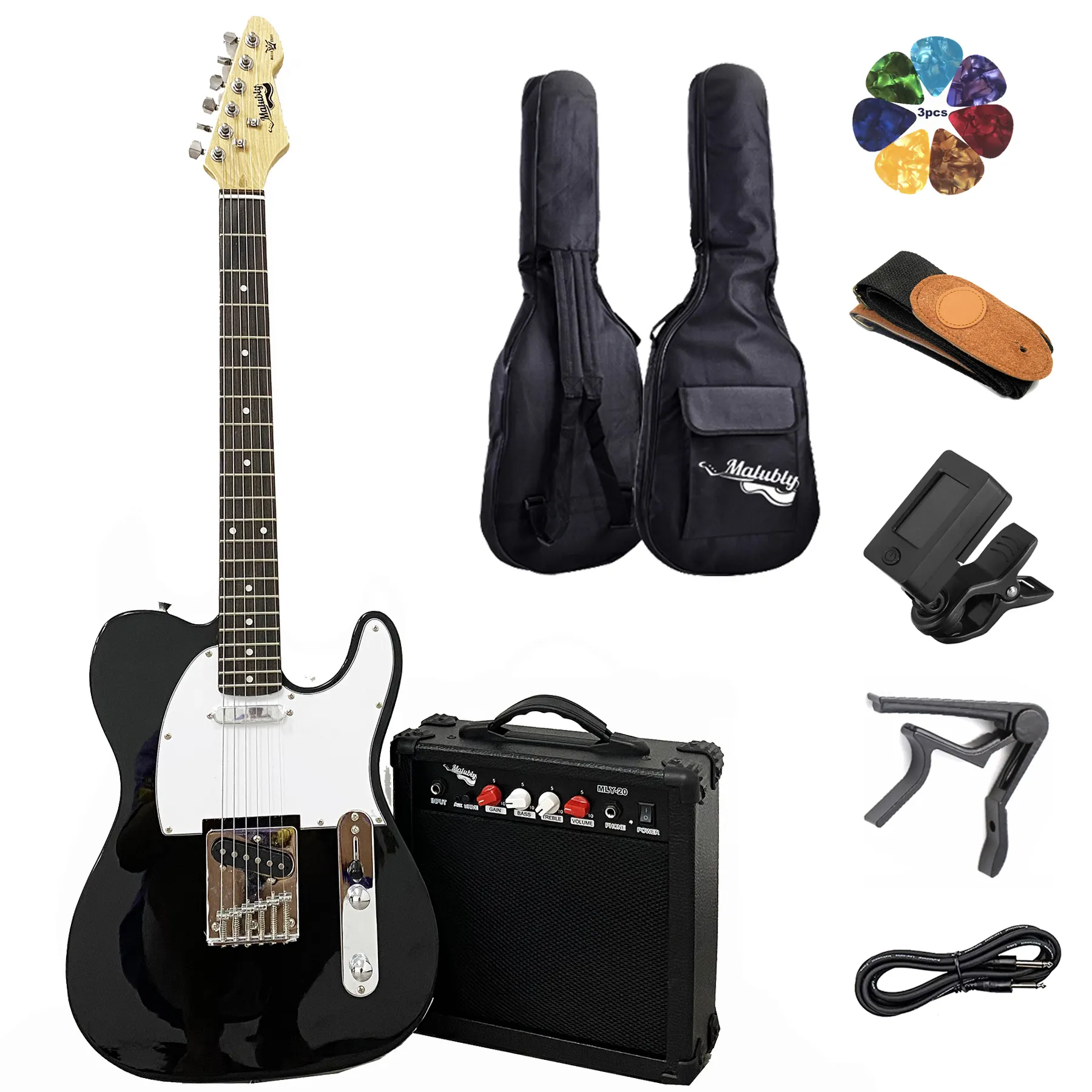 Malubly Guitars TL Black Paquete de guitarra eléctrica/Juego de Guitarra/Kit de guitarra con amplificador de 20 vatios a la venta